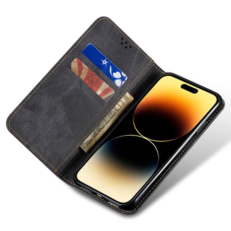 Kožené Pouzdro Folio iPhone 16 Pro Max Džínová Tkanina