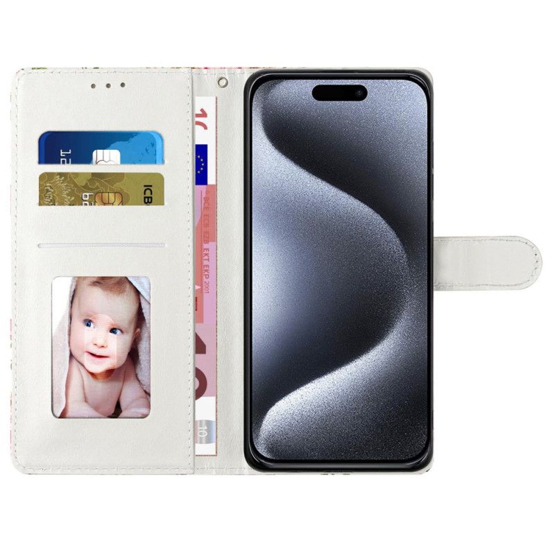 Kožený Kryt iPhone 16 Pro Květinové Umění S Popruhem