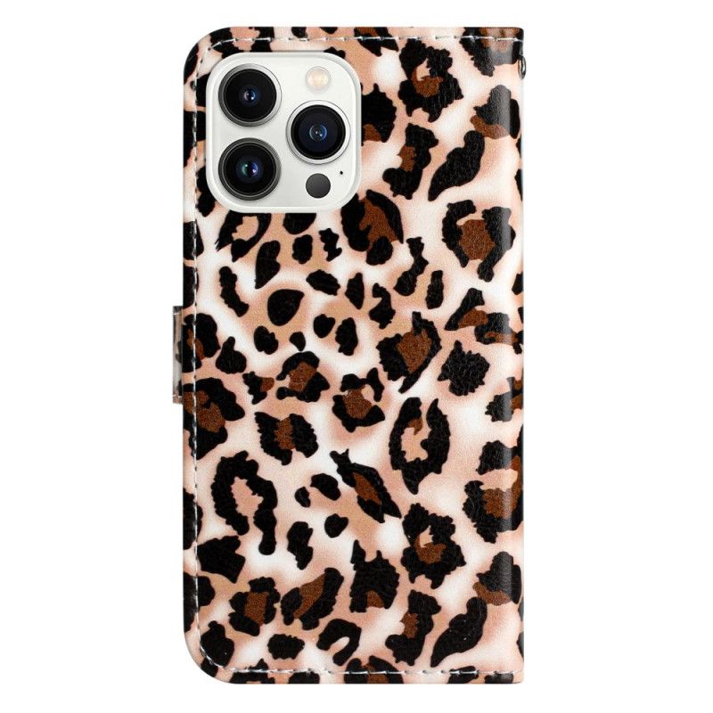 Peněženková Pouzdra iPhone 16 Pro Max Kryty Na Mobil Leopardí Vzor S Páskem