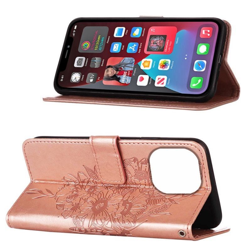 Flipové Pouzdro Na iPhone 14 Pro Max Na Lana Barokní Strappy Butterfly