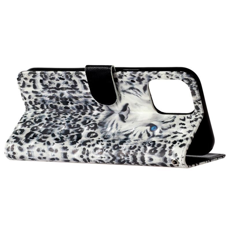 Flipové Pouzdro Na iPhone 15 Pro Na Lana 3d Leopard S Popruhem