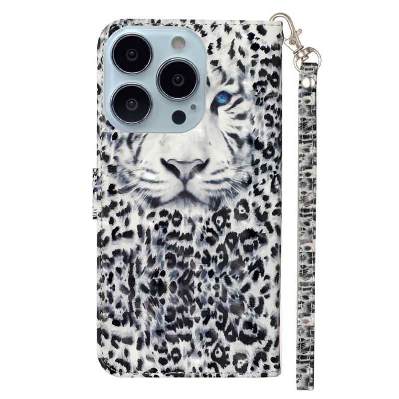 Flipové Pouzdro Na iPhone 15 Pro Na Lana 3d Leopard S Popruhem