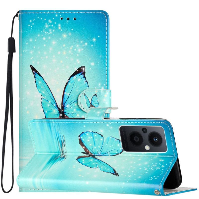 Flipové Pouzdro Na Oppo Reno 8 Lite Na Lana Modrí Motýli S Popruhem