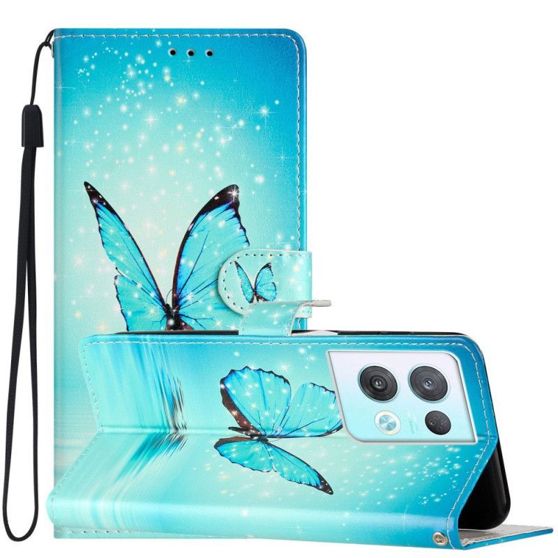 Flipové Pouzdro Na Oppo Reno 8 Pro Na Lana Modrí Motýli S Popruhem