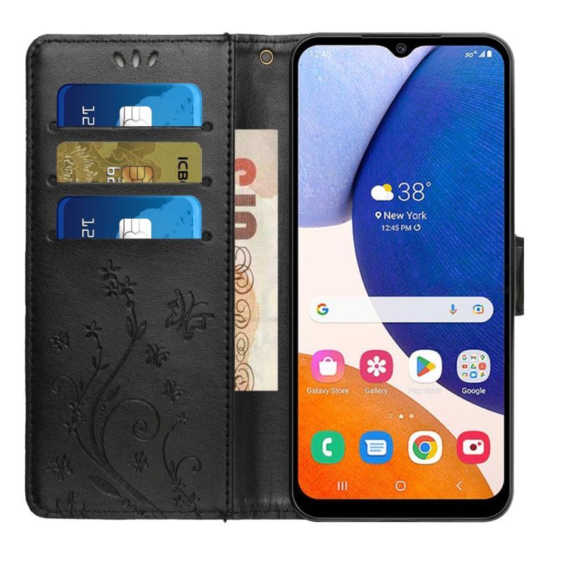 Flipové Pouzdro Na Samsung Galaxy A14 / A14 5G Na Lana Strappy Květinové