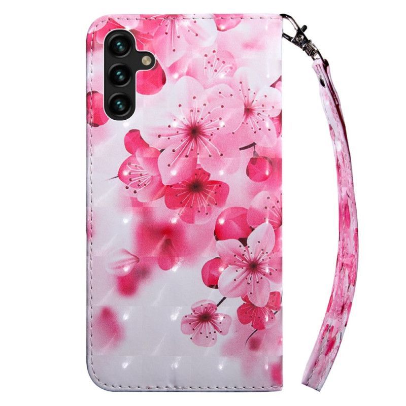 Flipové Pouzdro Na Samsung Galaxy A14 / A14 5G Na Lana Strappy Růžové Květiny