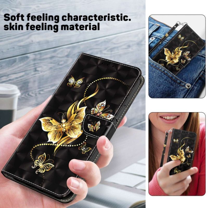 Flipové Pouzdro Na Samsung Galaxy A14 / A14 5G Na Lana Zlatí Motýli S Popruhem