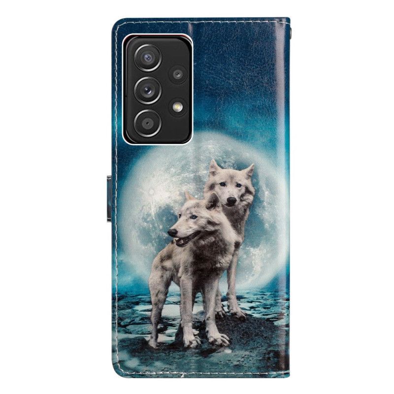 Flipové Pouzdro Na Samsung Galaxy A53 5G Moonlight Wolves With Lanyard