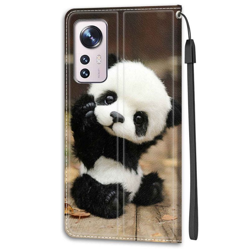 Flipové Pouzdro Na Xiaomi 12 / 12X Na Lana Malá Panda S Popruhem