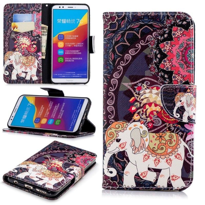 Huawei Y7 2018 Cover / Peněženková Pouzdra Honor 7c Mandala Etnickí Sloni