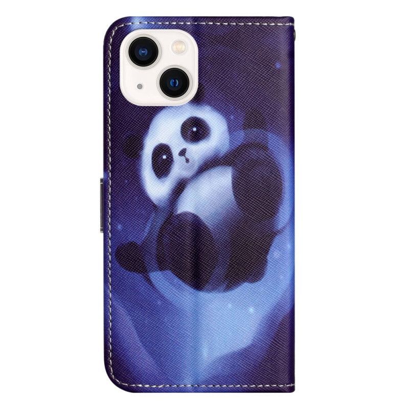 Kožené Pouzdro Na iPhone 14 Plus Na Lana Panda Ve Vesmíru S Lanyardem