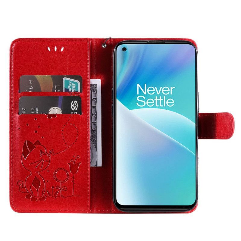 Kožené Pouzdro Na OnePlus Nord 2T 5G Na Lana Kočka A Včela S Držákem Na Lanyard