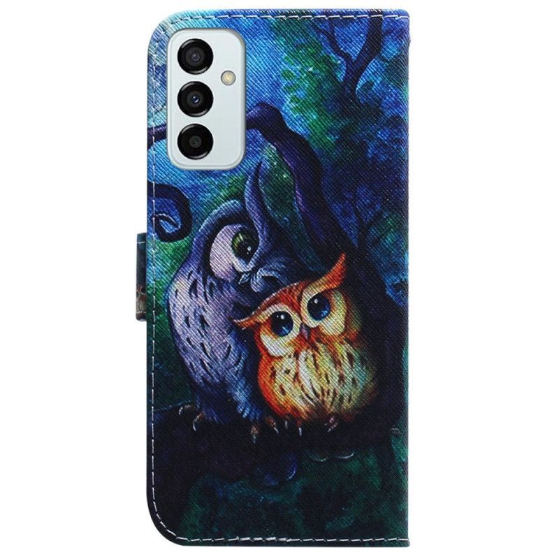 Kožené Pouzdro Na Samsung Galaxy M13 Na Lana Strappy Owls Malování