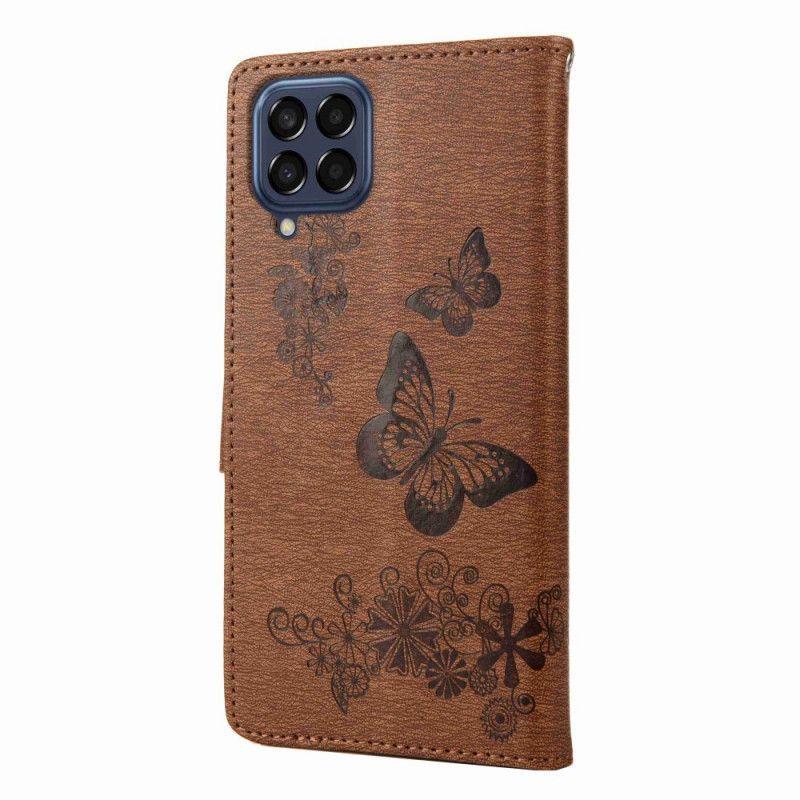 Kožené Pouzdro Na Samsung Galaxy M53 5G Na Lana Strappy Butterflies Design