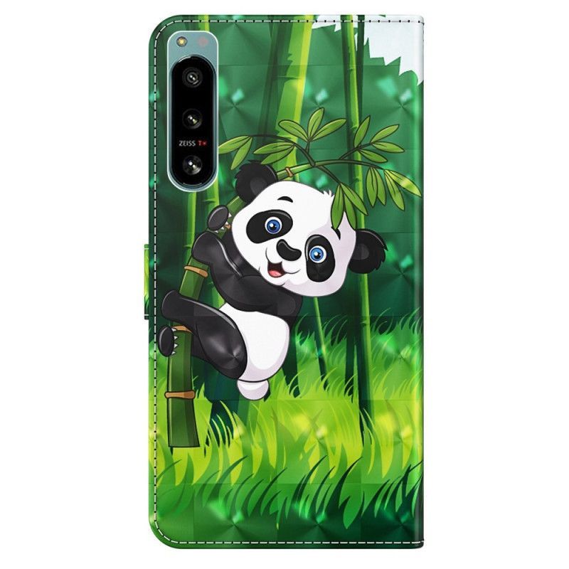 Kožené Pouzdro Na Sony Xperia 5 IV Na Lana Bambusová Panda Se Šňůrkou