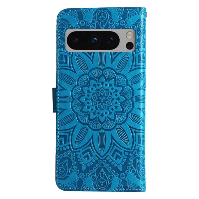 Kožený Kryt Google Pixel 8 Pro Sluneční Mandala S Lanyardem