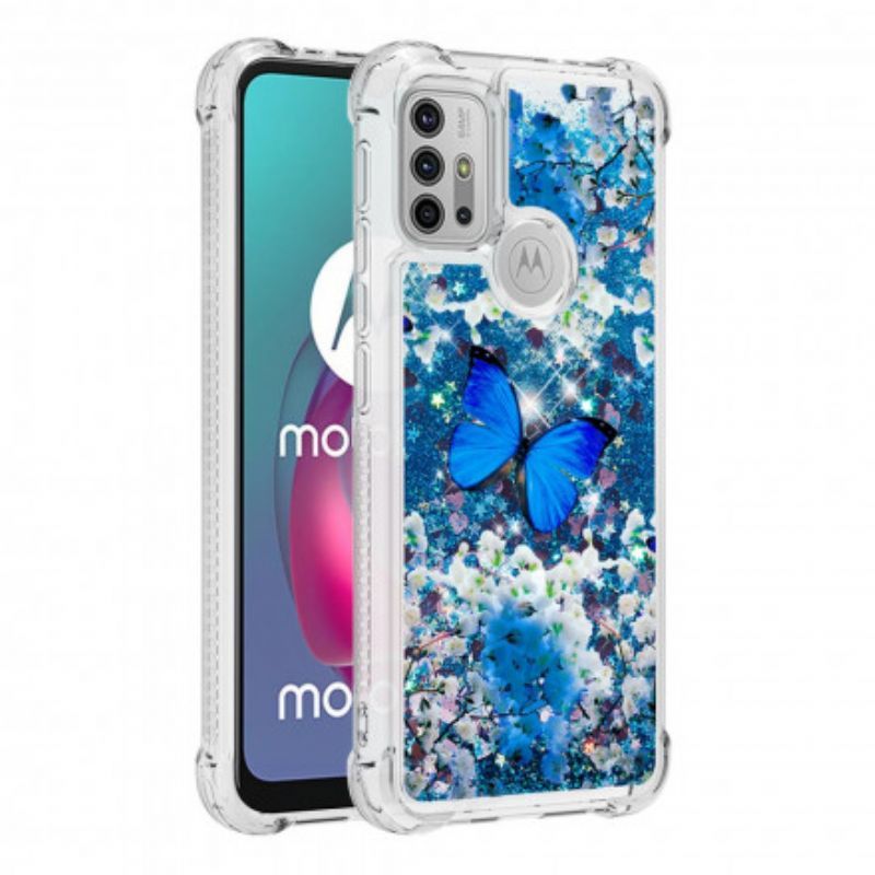 Pouzdro Moto G30 / Moto G10 Třpytivé Modré Pouzdro Motýlků