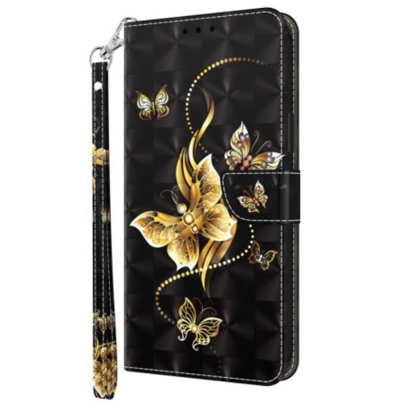 Flipové Pouzdro Na Samsung Galaxy A14 / A14 5G Na Lana Zlatí Motýli S Popruhem