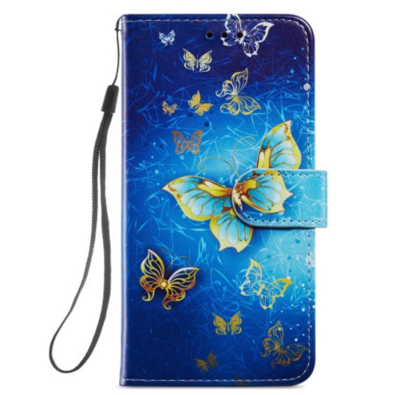 Flipové Pouzdro Na Samsung Galaxy A54 5G Na Lana Zlatí Motýli S Popruhem