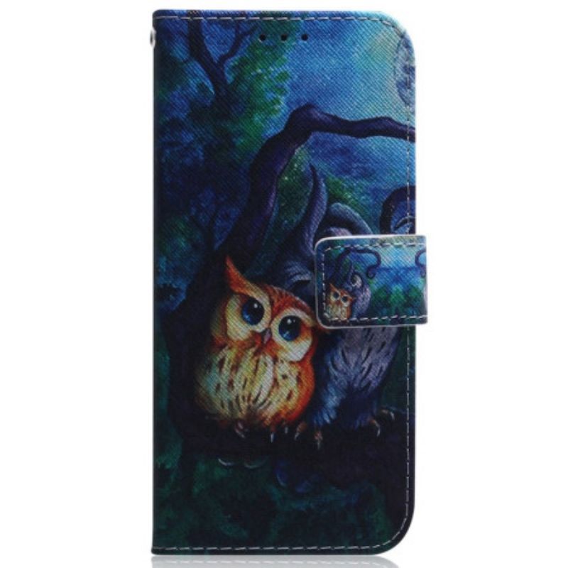 Kožené Pouzdro Na Samsung Galaxy M13 Na Lana Strappy Owls Malování