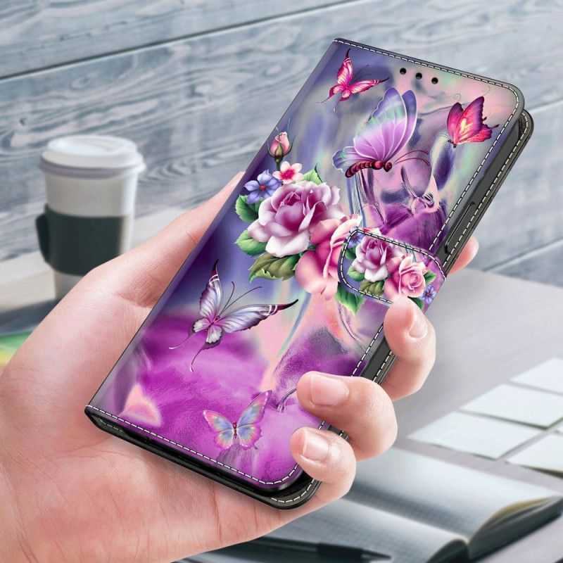 Kožený Kryt Samsung Galaxy A55 5g Fialoví Motýli A Květiny