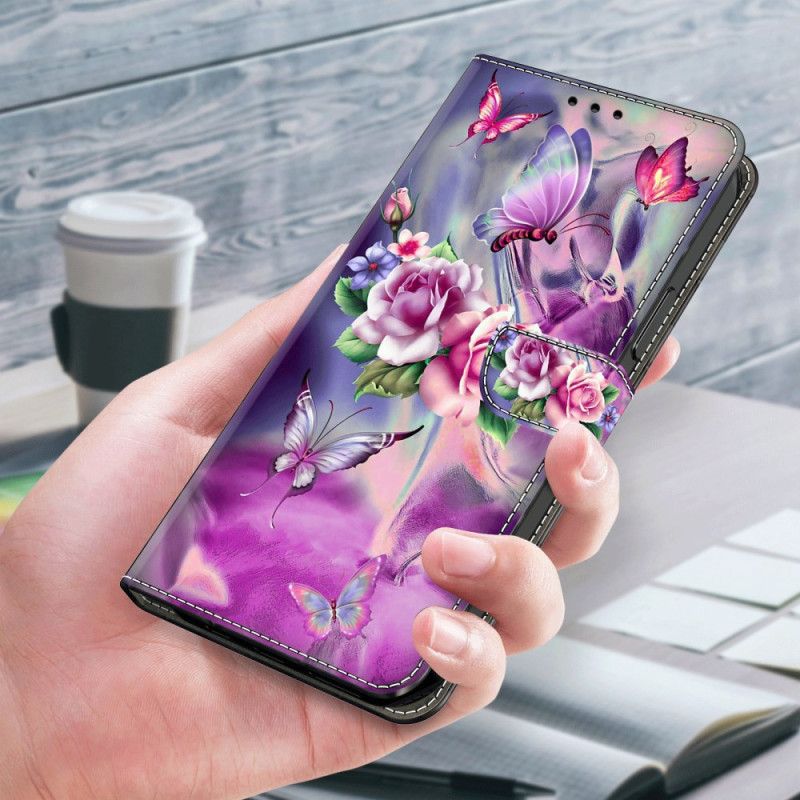 Kožený Kryt Xiaomi Redmi Note 13 4g Motýli A Fialové Květy